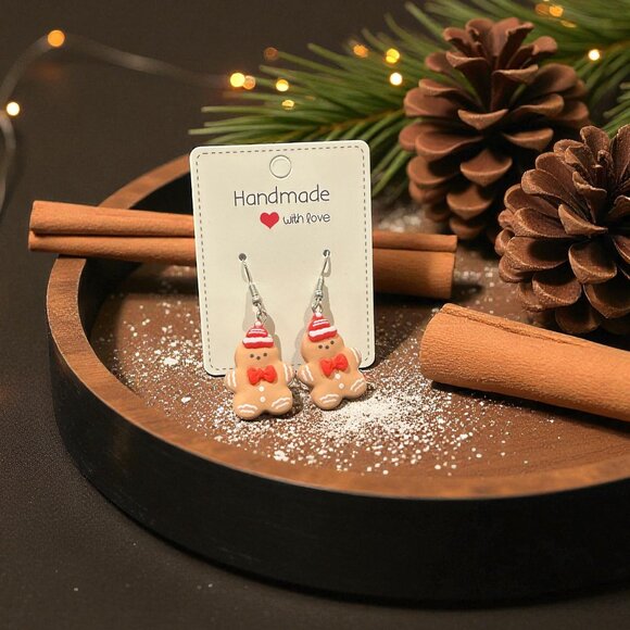 Handmade Gingerbread Man Earrings | Christmas Earrings | Polymer Clay Jewelry - Picture 2 of 7